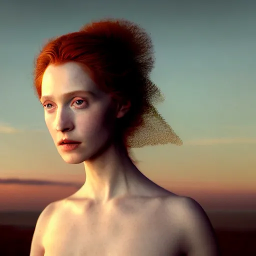 Image similar to photographic portrait of a stunningly beautiful english renaissance female in soft dreamy light at sunset, mountain peak, soft focus, contemporary fashion shoot, in a denis villeneuve and tim burton movie, by edward robert hughes, annie leibovitz and steve mccurry, david lazar, jimmy nelsson, extremely detailed, breathtaking, hyperrealistic, perfect face, octane render