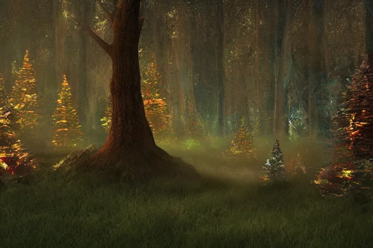 Image similar to A cosmic portal inside an enchanted forest. Cinematic lighting. Photorealism.