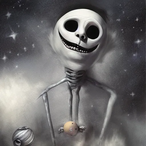 Image similar to michal karcz surrealism charcoal painting of the end of an astronaut happy in the galaxy. , in the style of jack skellington, in the style of a clown, loony toons style, horror theme, detailed, elegant, intricate, 4k, Renaissance painting