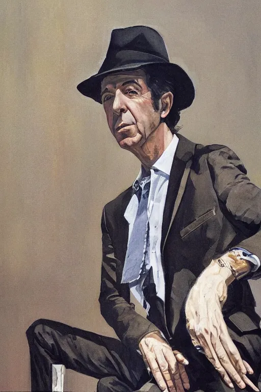 Prompt: portrait of leonard cohen, wearing trilby, immaculately dressed, by Frank McCarthy