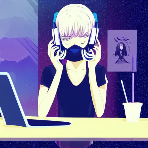 Prompt: a digital painting of a frowning beautiful anime girl with long silver hair with headphones and a face mask in coffeeshop working on her laptop, digital art, backlight, ilya kuvshinov, high detail, blue anime eyes