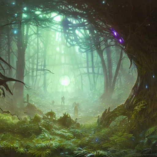 Image similar to alien forest with bioluminescent plants and flowers, at night, concept art, cinematic lighting, magical, digital painting, artstation, cgsociety, Alphonse Mucha, Greg Rutkowski