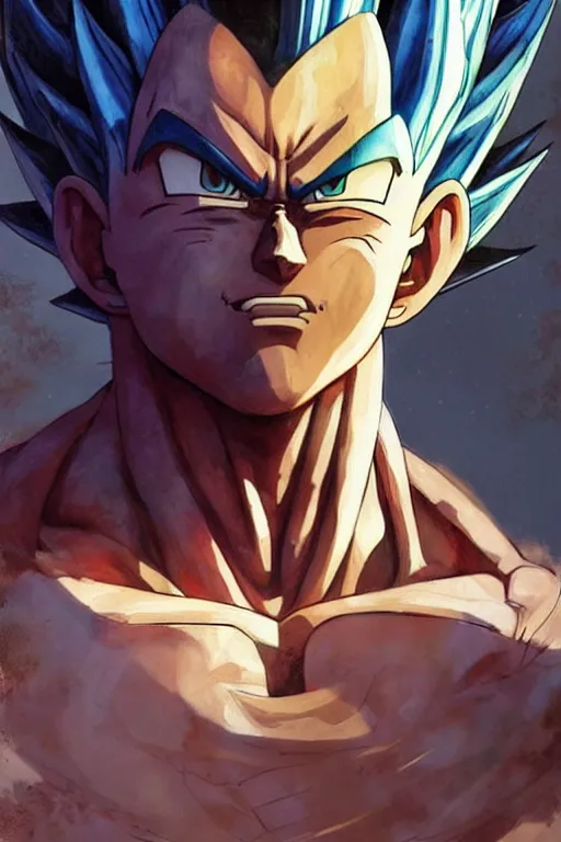 Image similar to a beautiful professional painting of vegeta from dragon ball by louis remy mignot, greg rutkowski, ilya repin, nice lighting, smooth tiny details, soft and clear shadows, low contrast, fashion photograhy, perfect