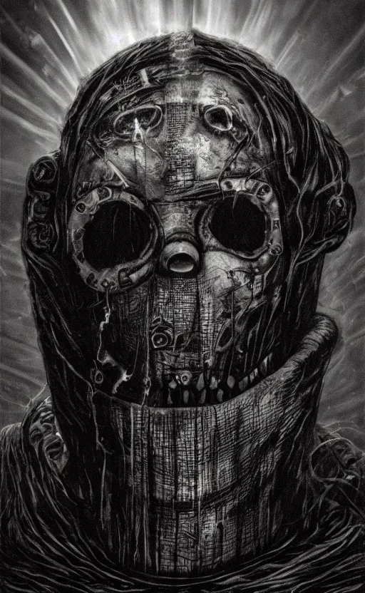 Image similar to portrait of slipknot, surrounded by beams of light dark background by wayne barlow, stanley donwood, anton semenov, zdzislaw bekinski, hr giger, 8 k, fantasy, dark, highly detailed