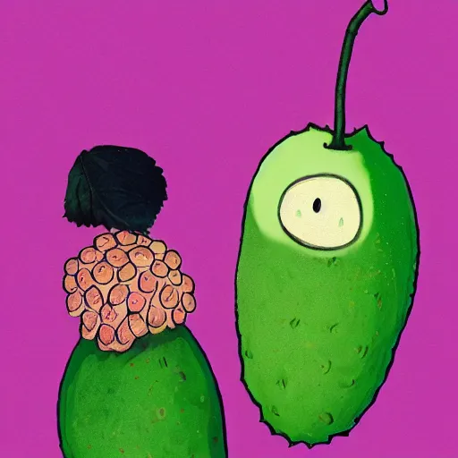 Prompt: a smiling avocado and a happy raspberry hugging, watching the world burn with fire, done in the style of old botanical illustrations, matisse, caravaggio, basquiat, japanese art, 4 k