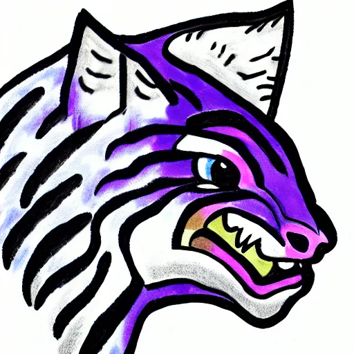 Prompt: drawing of blue tiger head growling looking to the right with hot pink lightning bolt shooting out of its eye to the left