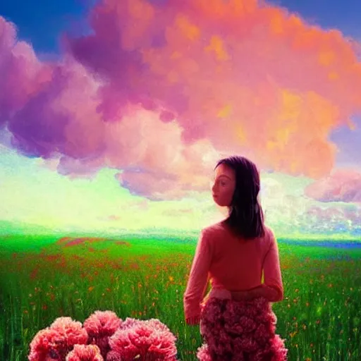 Image similar to head made of carnations flower, full body, girl standing in a flower field, surreal photography, sunrise dramatic light, impressionist painting, colorful clouds, digital painting, artstation, simon stalenhag, flower face