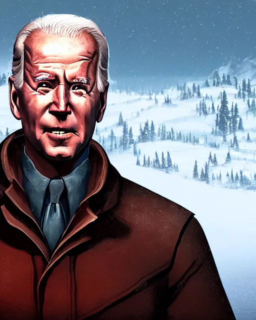 Prompt: Joe Biden in The Long Dark, gameplay screenshot, mid-shot