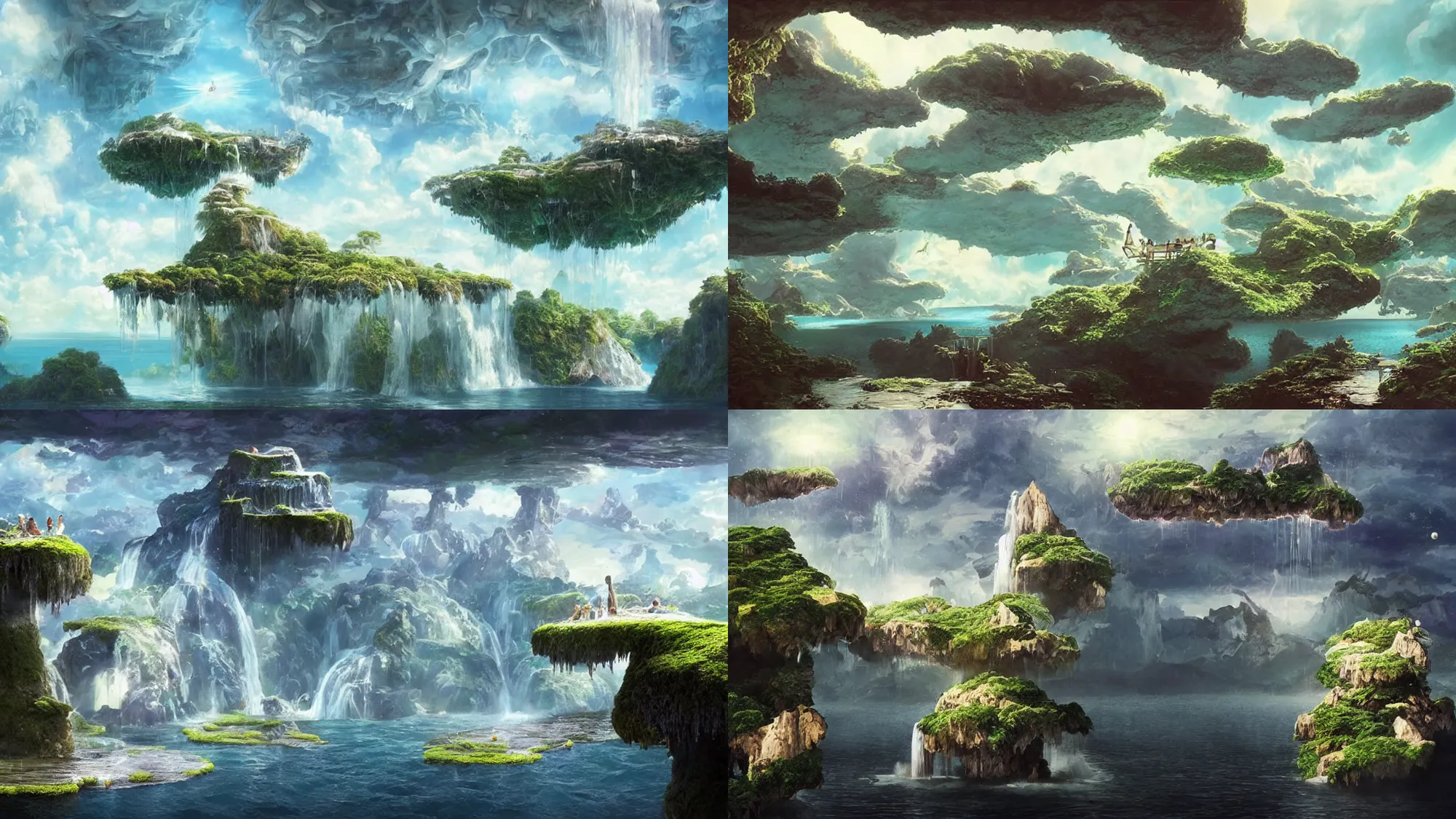 Prompt: concept art of floating islands with waterfalls connecting each other whimsical surrealism, based on child's drawing, lsd trip, dream recording, deep - space imaging fantastical setting isometric view octane render, art by salvador dali, greg rutkowski studio ghibli