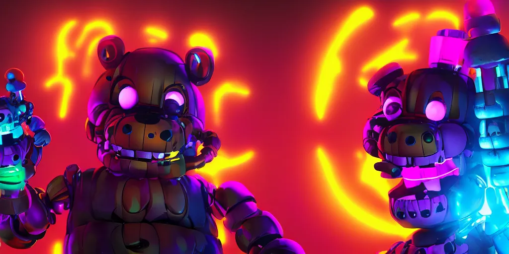 Image similar to fnaf freddy, cyberpunk, rgb, neon, hd, cinematic,