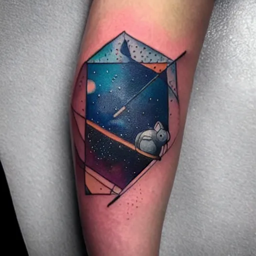 Prompt: geometric outer space tattoo, arm, cat