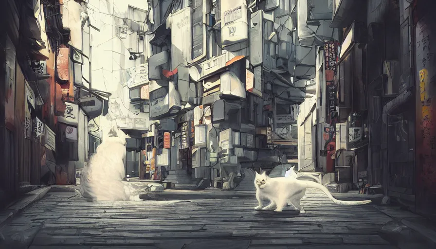 Prompt: White cat walking in the alleys of Tokyo, hyperdetailed, artstation, cgsociety, 8k