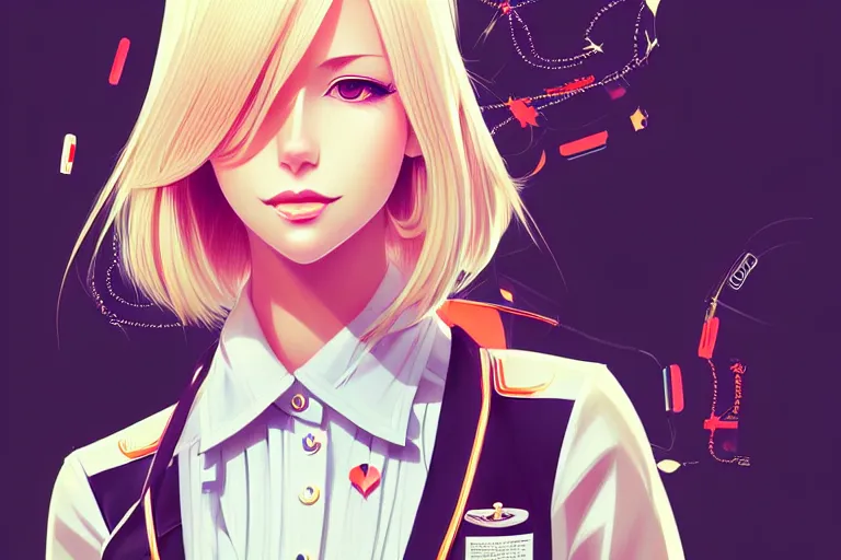 Prompt: a beautiful fashion blond flight attendant, symmetrical, maximalist, air plane key visual, art by ilya kuvshinov, rossdraws, sharp focus, art by wlop and artgerm, extreme detail, detailed drawing, hyper detailed face