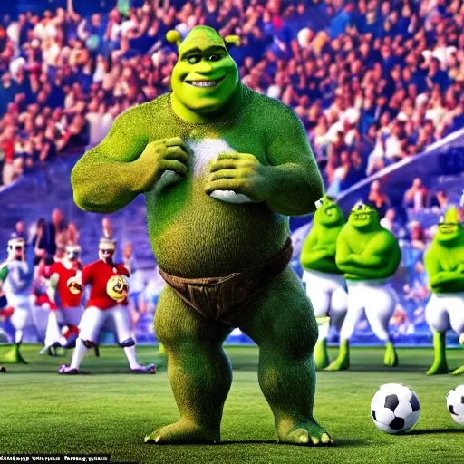 Prompt: shrek!! imposing stature in the center of a football match