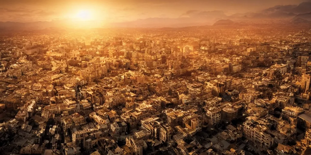 Prompt: a random photo of a beautiful golden city hidden somewhere on Earth, cinematic, sun, beautiful lighting