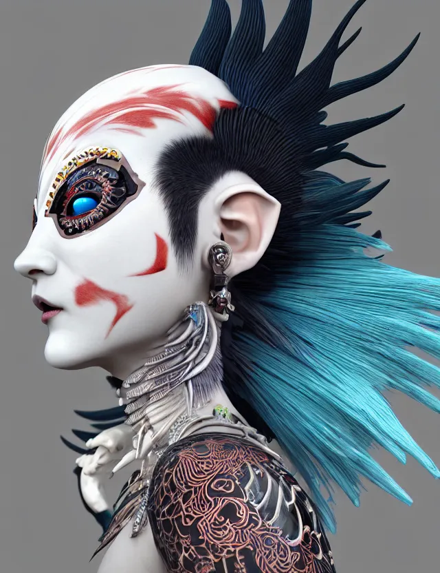 Image similar to 3 d goddess close - up profile portrait punk with mohawk with ram skull. beautiful intricately detailed japanese crow kitsune mask and clasical japanese kimono. betta fish, jellyfish phoenix, bio luminescent, plasma, ice, water, wind, creature, artwork by tooth wu and wlop and beeple and greg rutkowski