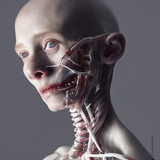 Image similar to female human, skin crackles, arteries and bones and veins and nerves and muscles visible, beautiful detailed intricate insanely detailed octane render, 8K artistic photography, photorealistic, chiaroscuro, by David Cronenberg, Raphael, Caravaggio