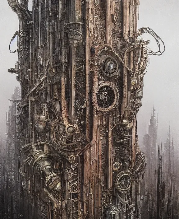 Image similar to a steampunk version of the tower of barad dur by hr giger and beksinski and stephan martiniere, trending on artstation, 4 k resolution, detailed, high quality, hq artwork