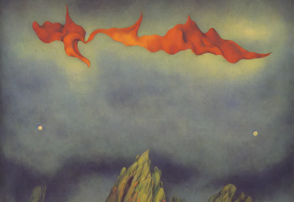 Image similar to shy mountain summit taking a peek through the clouds, fog, with curious eyes. joy of life happy flying creature devil dream mothership with petal wings. iridescence glowing. painting by yves tanguy, jean delville, rene magritte, max ernst, monet