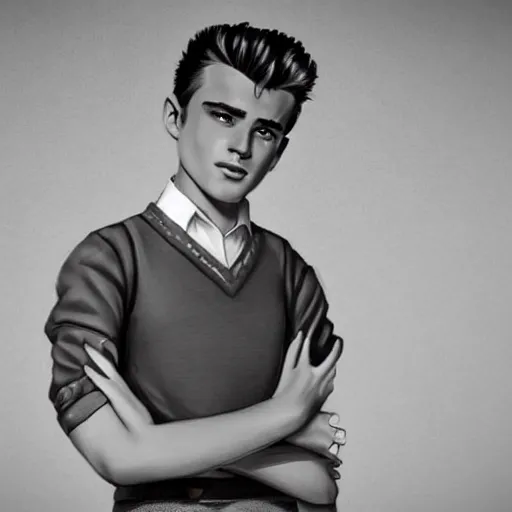 Image similar to a highly detailed epic cinematic concept art CG render digital painting artwork costume design: young James Dean as a well-kept neat perfect formal student in a 1950s USSR school uniform. By Mandy Jurgens, Lim Chuan Shin, Simon Cowell, Barret Frymire, Dan Volbert, Beeple, Butcher Billy, David Villegas, Irina French, Heraldo Ortega, Rachel Walpole, Jeszika Le Vye trending on ArtStation, made in Maya, Blender and Photoshop, octane render, excellent composition, cinematic atmosphere, dynamic dramatic cinematic lighting, aesthetic, very inspirational, arthouse