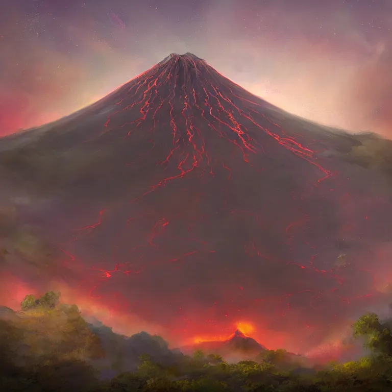 Image similar to a painting of a volcano from which come out flowers and stars exotic plants, all this happens in some kind of fantasy world, almost like in the sky or all in the amazing outdoors view, long exposure, 8 k resolution, trending on artstation