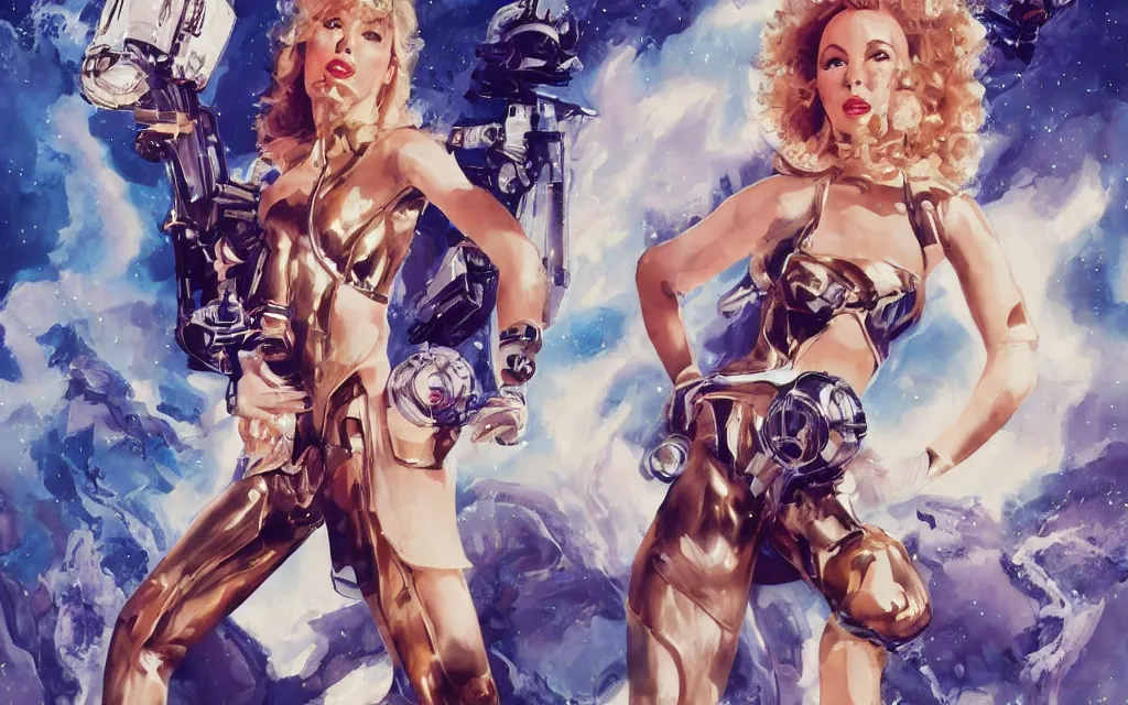 Prompt: kylie minogue as barbarella. floating through an airlock, holding a raygun. soft lighting. glamorous. sophisticated. hyper detailed painting. trending on artstation. cinematic.
