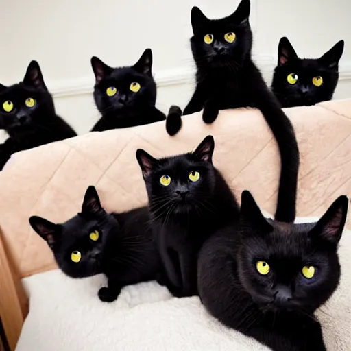 Image similar to photo of a group of black cats with huge buggy googly eyes, sitting on a bed