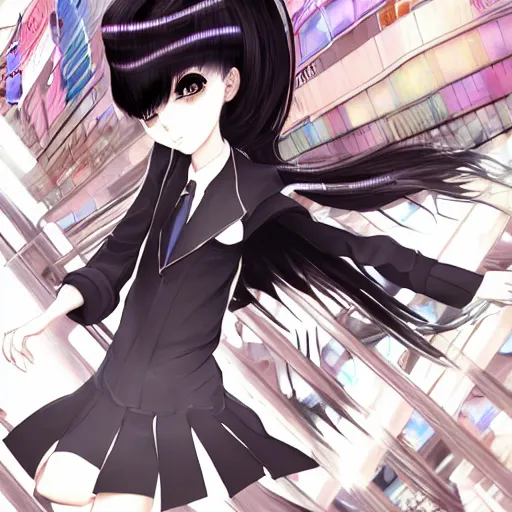 Image similar to luxury advertisement, astonishing artwork of a very beautiful dancing anime schoolgirl with black bob hair in style of cytus and deemo, full perfect face, she is dancing, set in Half-life. Realistic, highly detailed background, Pixiv, 120 degree view, drawn by Sasoura, Satchely and Akihiko Yoshida, no distortion