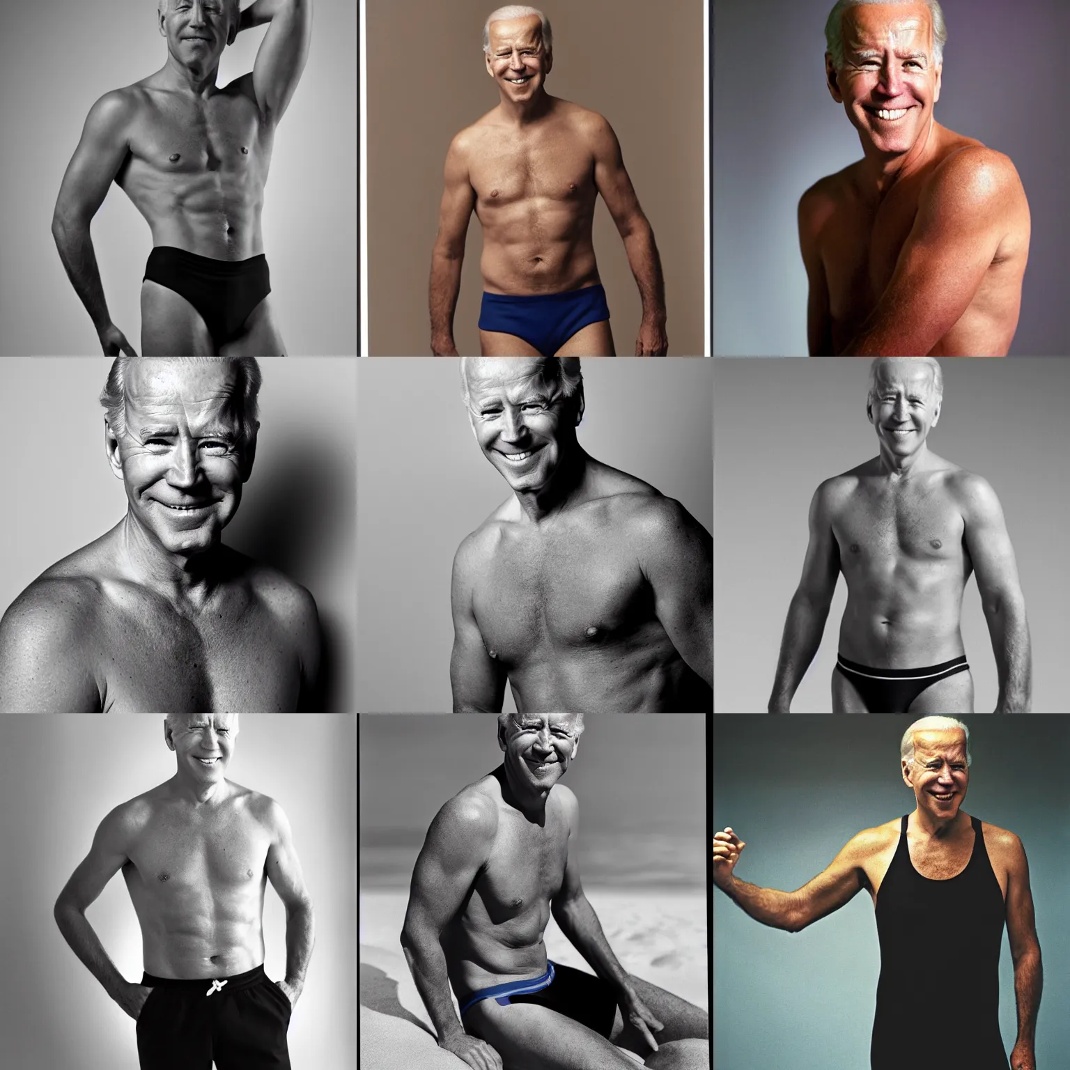 Prompt: Photo of Joe Biden in swimsuit, soft studio lighting, photo taken by Anne Liebovitz for Abercrombie and Fitch, award-winning photograph, 24mm f/1.4