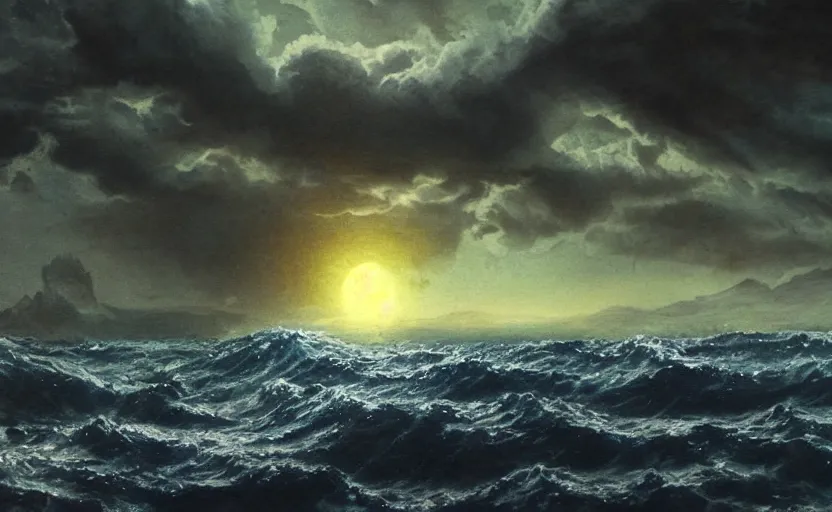 Image similar to cthulhu in the ocean looking up. matte painting. full color.