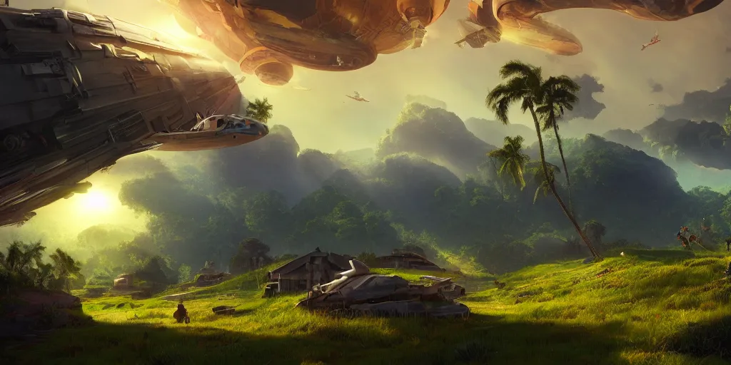 Prompt: Lively sunny landscape of a kerala village, spaceship landing, furious action scene, realistic detailed digital art by Maxwell Boas Jessica Rossier Christian Dimitrov Anton Fadeev trending on Artstation CGSociety rendered in Unreal Engine 4k HQ