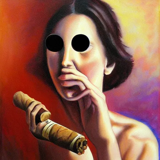 Image similar to female figure sniffing a cigar portrait painting surreal, art by Joan Selder, Surrealism