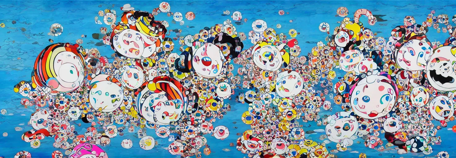 Image similar to girls on the sea, painted by takashi murakami in punk style, high quality, 8 k