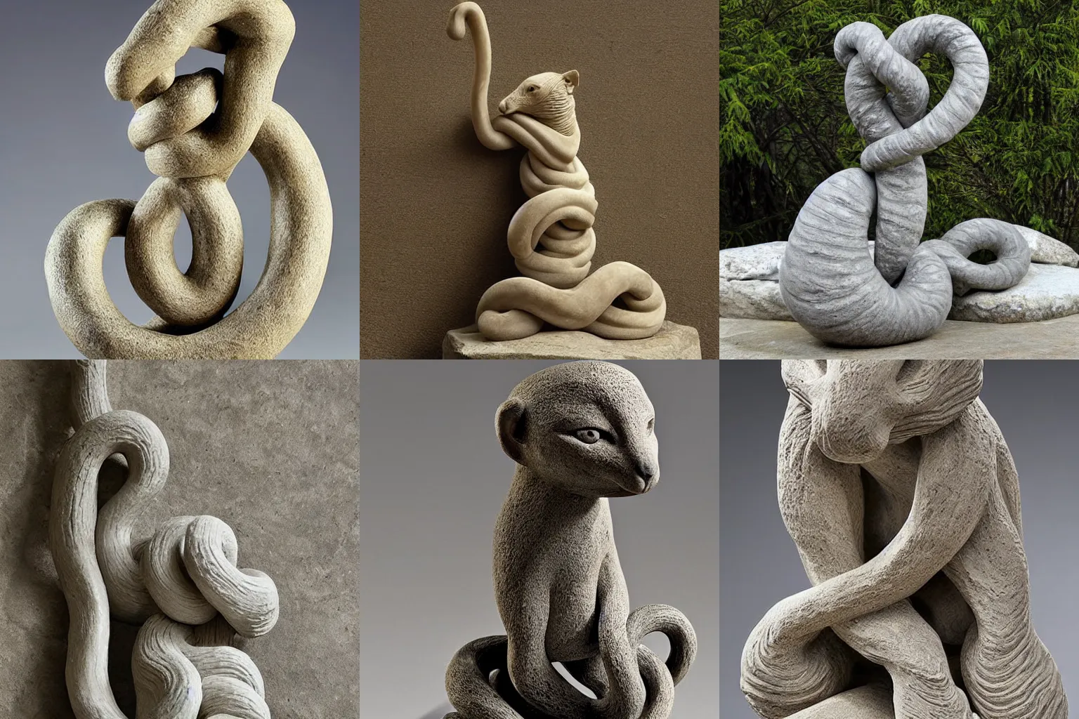 Prompt: a stone sculpture of a long tubular weasel tied into an elaborate knot, animal - shaped statue, stone sculpture, long weasel, photograph