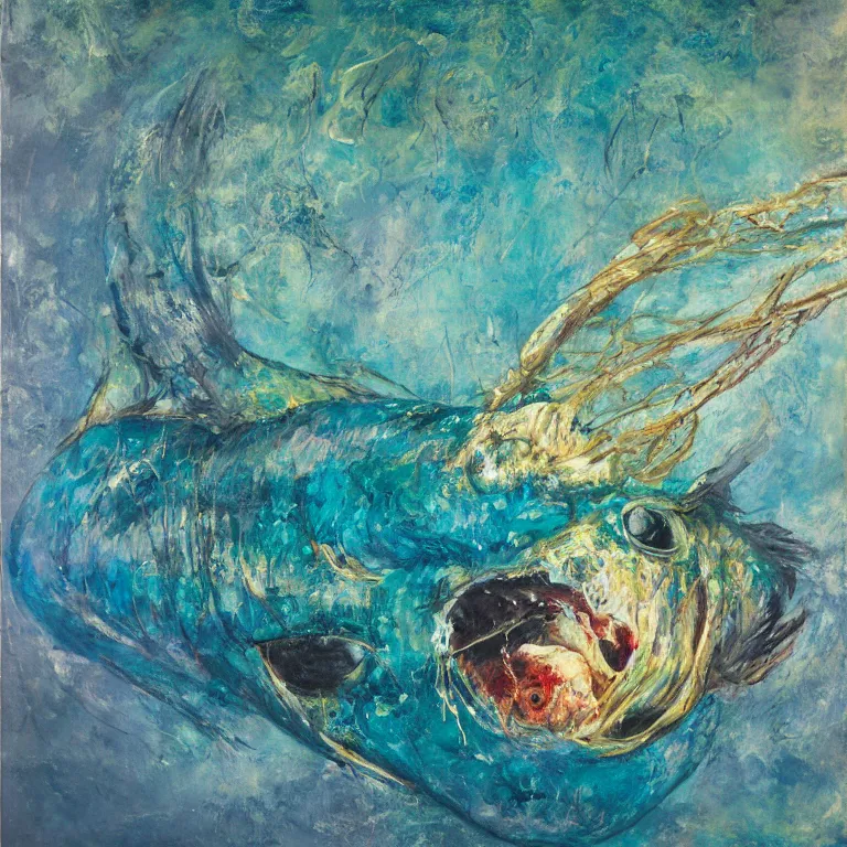 Prompt: Realistic Studio Photograph of a deep sea chimaera fish deep underwater, award-winning nature deep sea expressionistic impasto oil painting by Cy Twombly and Tim Hawkinson vivid colors hyperrealism 8k