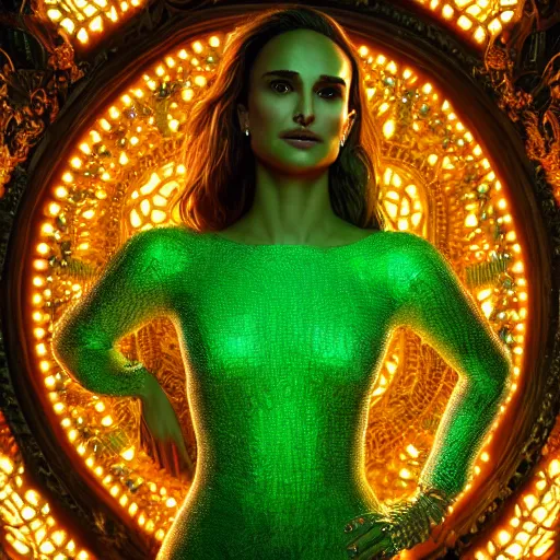 Image similar to portrait natalie portman, glowing, ornate and intricate green jewelry, jaw dropping beauty, glowing background lighting, green accent lighting, hyper detailed, fairy tale, 4 k octane render