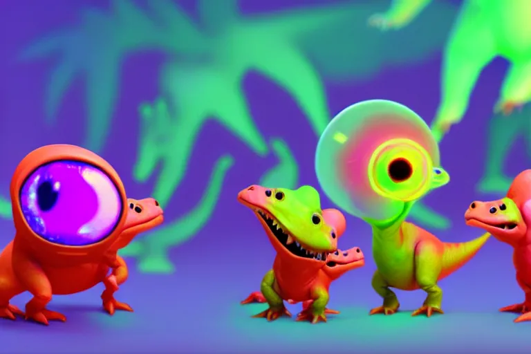 Image similar to pixar designed cute, smiling chibi style baby dinosaurs made entirely out of glowing electrified plasma, having fun inside a psychedelic realm made entirely out of love and acceptance and hypercolors. astral beings sharing love. renderman ray tracing