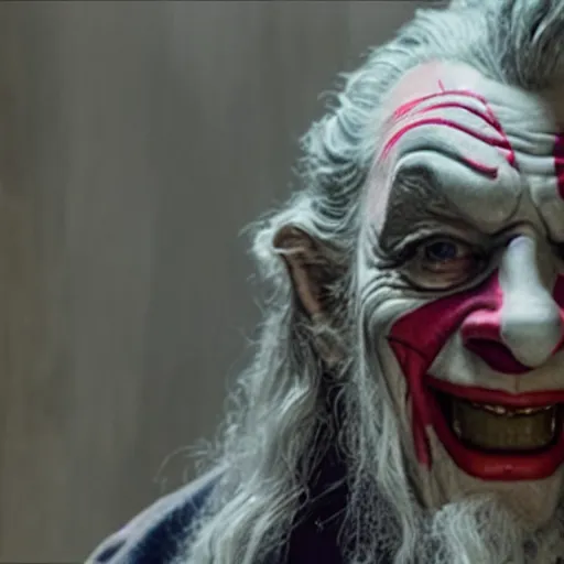 Prompt: film still of Ian McKellan As a Gandalf Joker hybrid, from the new joker film