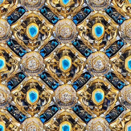 Prompt: an abstract intricately carved marble set with gold flourishes and diamonds of various colors in the form of hexagons against a blue ornate background
