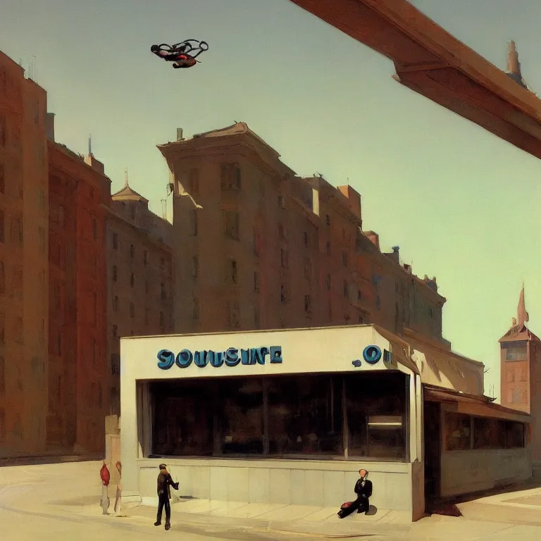 Image similar to flying soucer abducting, quiet foggy scene painted by Edward Hopper and Robert McGinnis masterpiece, intricate, elegant, fantasy, highly detailed, digital painting, concept art, sharp focus, artstation