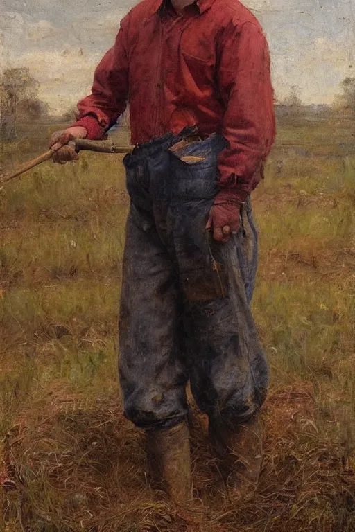 Prompt: Solomon Joseph Solomon and Richard Schmid and Jeremy Lipking victorian genre painting full length portrait painting of a young farmer working in the field, red background