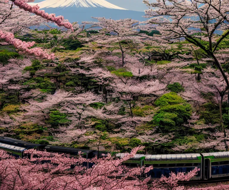 Image similar to a photo of mount fuji, japanese ladscapes, rice paddies, sakura trees, seen from a window of a train. cinematic lighting.