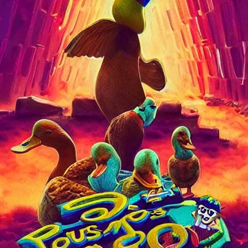 Prompt: ducks of doom in your living room 🦆😱💀, cinematic, explosive, bombastic, excellent, groovy