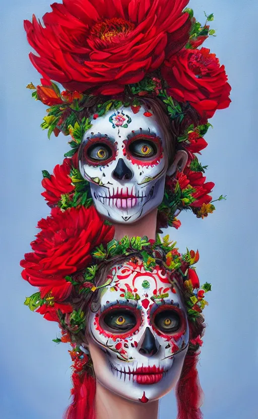 Image similar to a red oil painting hyperrealism of a beautiful woman, flowers, dia de los muertos makeup, floral headdress, 8 k resolution, octane render, trending on artstation, by gediminas pranckevicius, volumetric light 2 blue fractal thunder glow by dan mumford, anaglyph effect, laurie lipton