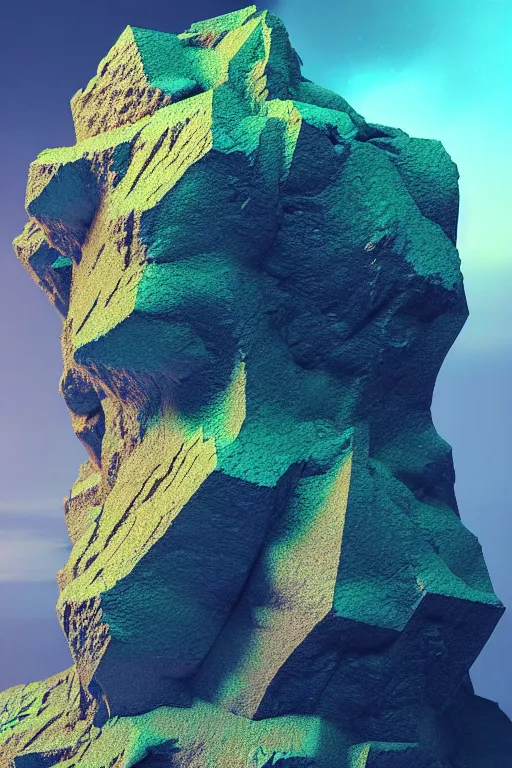 Image similar to concept art of totally fractal bismuth rock giant golem : : patterns rainbow fractalization : : extremely high details, masterpiece, photorealistic, hyperrealism, vray, octane render, volumetric lighting, depth of field, bokeh, artstation, cgsociety by johannen voss, greg broadmore