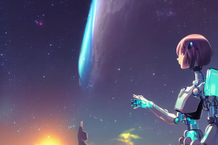 Prompt: makoto shinkai. robotic android girl. futuristic cyberpunk dystopia. vibrant nebula sky. nebula.