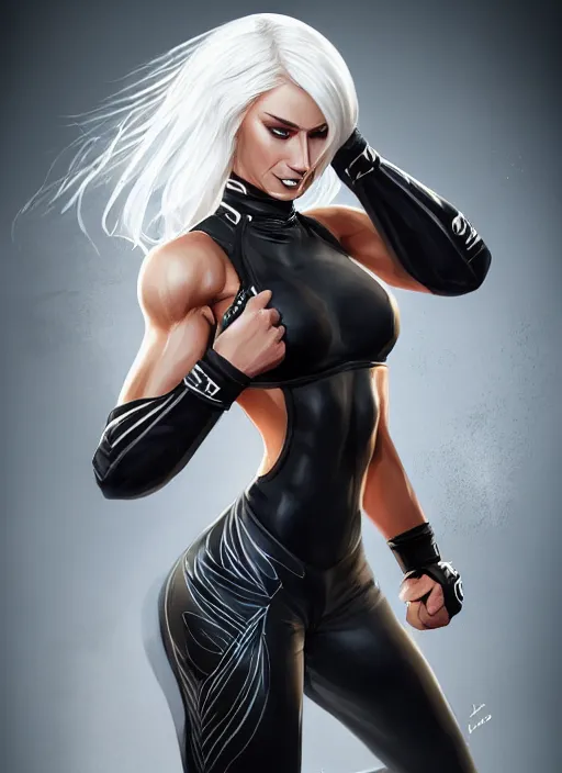 Image similar to a highly detailed illustration of fierce beautiful platinum blonde woman wearing black mma gear, dramatic smile pose, muscular, perfect face, perfect body, intricate, elegant, highly detailed, centered, digital painting, artstation, concept art, smooth, sharp focus, league of legends concept art, wlop