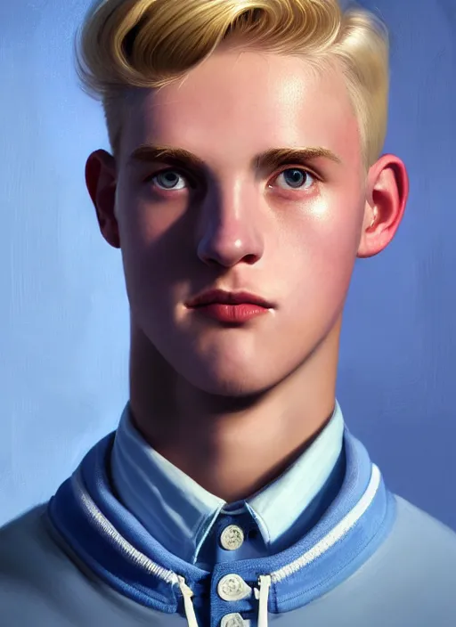 Image similar to portrait of a high school senior boy named moose mason, blonde short hair, jock, beefy, square jaw, square facial structure, 1 9 5 0 s, blue varsity jacket, intricate, elegant, glowing lights, highly detailed, digital painting, artstation, concept art, smooth, sharp focus, illustration, art by wlop, mars ravelo and greg rutkowski