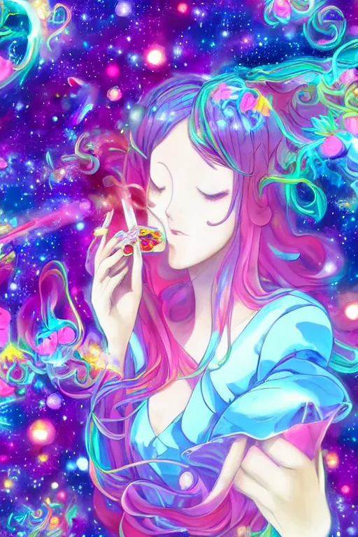 Prompt: psychedelic, whimsical, anime, 4k, beautiful intimate woman blowing smoke, with professional makeup, long trippy hair, a crystal and flower dress, sitting in a reflective pool, surrounded by gems, underneath the stars, rainbow fireflies, trending on patreon, deviantart, twitter, artstation, volumetric lighting, heavy contrast, art style of Ross Tran and Miho Hirano anc Ilya Kuvshinov