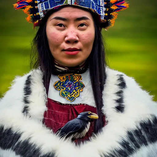 Image similar to ethnographic portraiture photograph of an extremely beautiful!!!! young woman with symmetric face. with a very detailed raven!!! on her shoulder. wearing traditional greenlandic national lcostume. in iceland. petzval lens. shallow depth of field. on flickr, art photography,